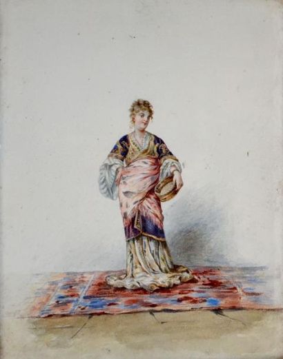 null Ecole française XIXe. Femme habillée en asiatique. Aquarelle. 30 x 24 cm