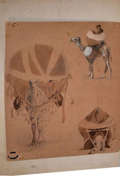 null Georges WASHINGTON (1827-1910) Trois études de chameaux. Lavis d'encre et mine...