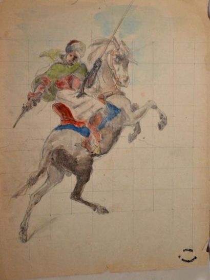 null Georges WASHINGTON (1827-1910) Etude de cavalier arabe sur cheval cabré. Aquarelle...