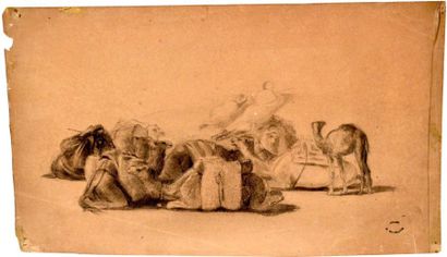 null Georges WASHINGTON (1827-1910) Caravane de chameaux au repos. Fusain sur papier...