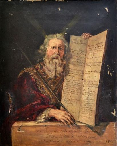 null J. BINE, XIXe-XXe. Moïse présentant les tables de la Loi. Huile sur toile signée...