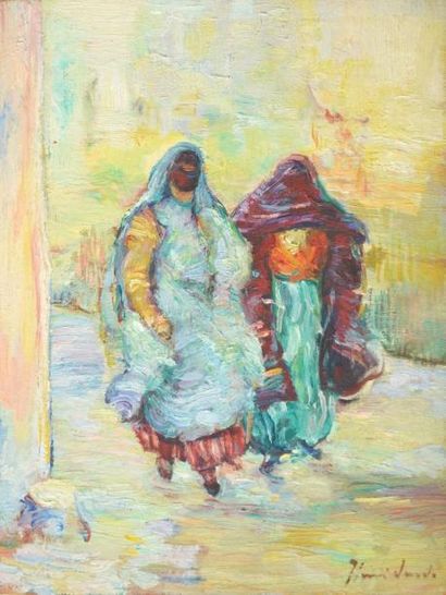 null Henri SAADA (1906-1976) Deux femmes arabes au coin d'une rue ensoleillée. Huile...