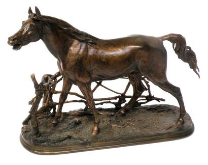 null Pierre-Jules MÈNE (1810-1879) Djinn ou grand cheval à la barrière. Bronze à...