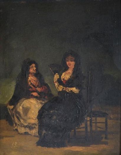 null Ecole du XIXe. Femme espagnole et sa duègne. Huile sur cuivre. 32 x 25 cm