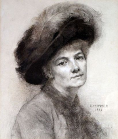E. POITEVIN. Portrait de femme au chapeau....