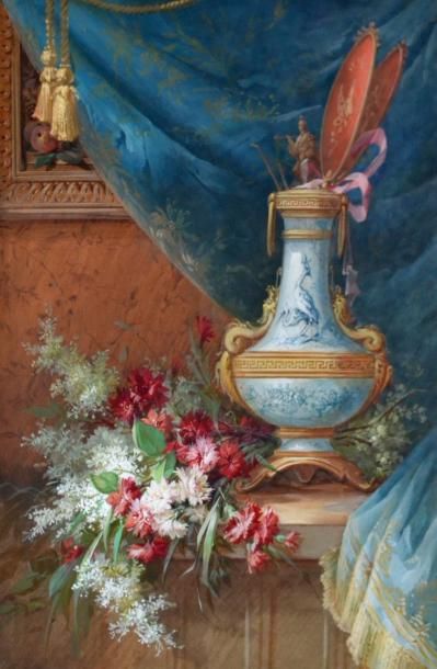 Ecole française vers 1880. Vase au héron...