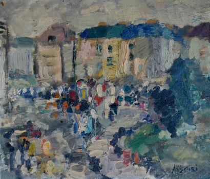 Paul AIZPIRI (1919) Rue animée à Paris. Huile...