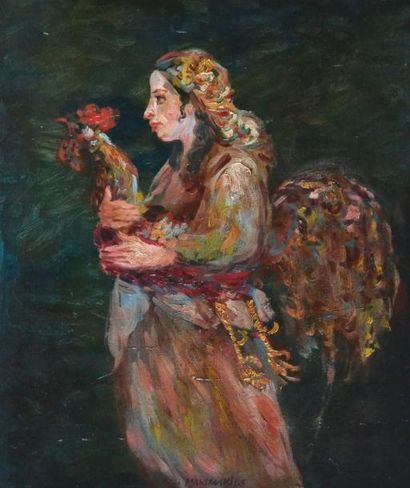 null Théodore MAKOWSKI (1890-1971) Femme au coq. Huile sur toile signée. 53 x 44...