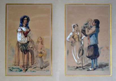 null Alfred André GENIOLE (1813-1861) Mères et enfants. Deux aquarelles dans un même...