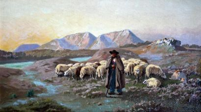 null MORIN, fin XIXe. Berger et moutons. Huile sur toile signée en bas à droite....