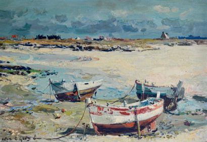 null Jean RIGAUD (1912-1999) Barques à marée basse. Huile sur toile signée en bas...
