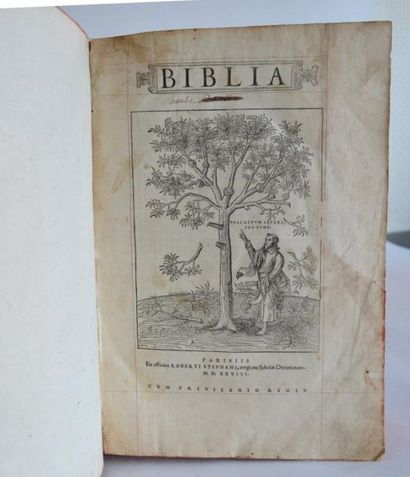 null BIBLIA. Paris, Robert Estienne, 1528. In-folio, reliure demi cuir à nerfs tranches...