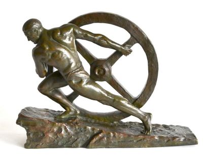 null Pierre LE FAGUAYS (1892-1962) Homme à la roue. Bronze à patine brune signée,...