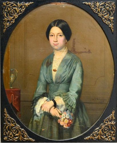 null L. BLONDEAU, XIXe-XXe. Jeune femme au bouquet de fleurs, 1852. Toile signée...