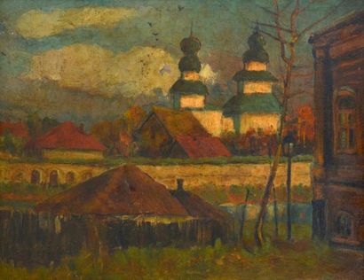 null Piotr Ivanovich PETROVICHEV (1874-1947) Le monastère Danilov. Huile sur toile...