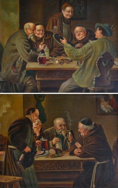 null Carl FEY (1867-1939) Réunion de buveurs avec moines. Paire d'huiles sur toile...