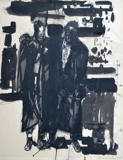 null Yves-Jean COMMERE (1920-1986) Deux hommes conversant, 1957. Encre de chine et...