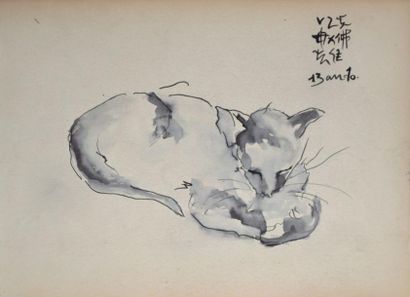 null Toshio BANDO (1895-1973) (Dans le goût de). Chat lové. Encre de Chine sur papier...