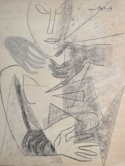 null Suzanne ROGER (1899-1986) Buste de femme et mains, 1947. Fusain et estompe signée...