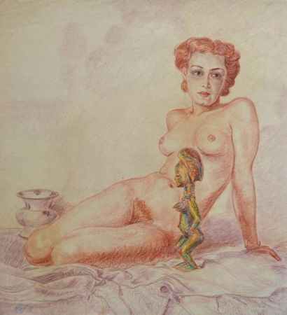 null Nicolas STERNBERG (1901-c.1960) Femme nue assis au fétiche africain. Craies...