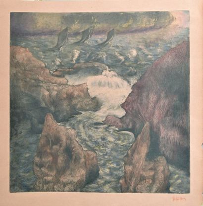 null Alfredo MÜLLER (1869-1940) Côte rocheuse. Eau-forte en couleurs sur papier signé...
