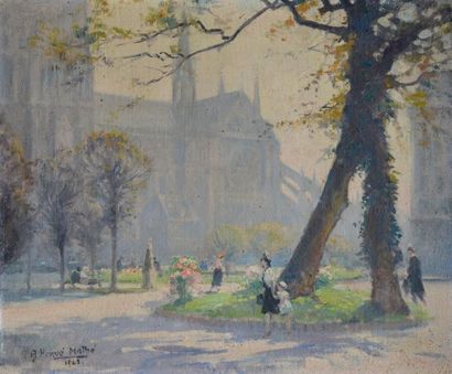 null Jules Alfred HERVÉ-MATHÉ (1868-1953) Animation dans un parc, Notre-Dame en arrière...