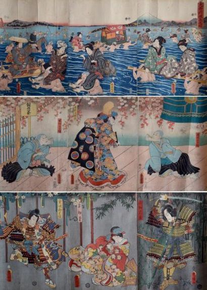 null JAPON - XIXe. TOYOKUNI III (1786-1865) Ensemble de trois triptyques oban tate-e...