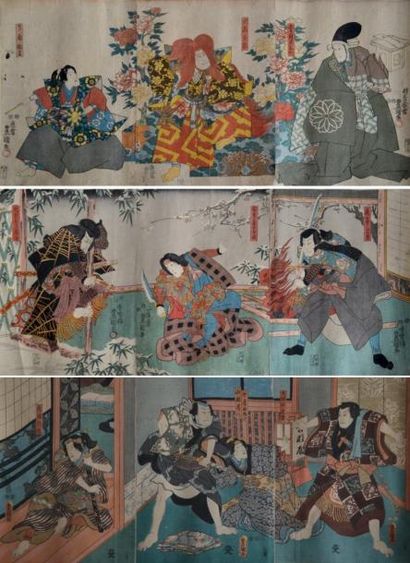 null JAPON - XIXe. TOYOKUNI III (1786-1865) Ensemble de trois triptyques oban tate-e...