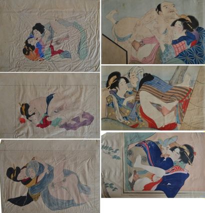 null JAPON - XIXe siècle Lot de 8 estampes érotiques, oban yoko-e, dont des shunga...