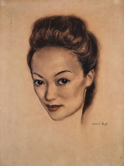 null Marcel DYF (1899-1985) Portrait de jeune femme asiatique. Crayons gras signé...