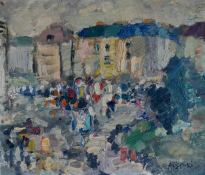 null Paul AIZPIRI (1919) Rue animée à Paris. Huile sur isorel signé en bas droite....