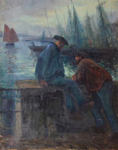 null Ecole française début XXe Deux pêcheurs au port conversant. Huile sur toile...