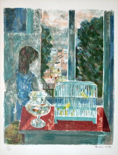 null Emilio GRAU-SALA (1911-1975) Fillette à la fenêtre. Lithographie en couleurs...