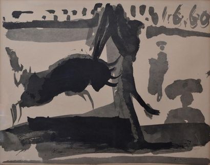 null Pablo PICASSO (1881-1973) (d'après) Torero et taureau. Lithographie en noir...