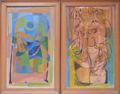 null Ecole moderne XXe. Composition cubisante et deux personnages. Deux huiles sur...