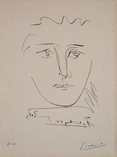 null Pablo PICASSO (1881-1973) (d'après) Visage de femme. Gravure en noir portant...