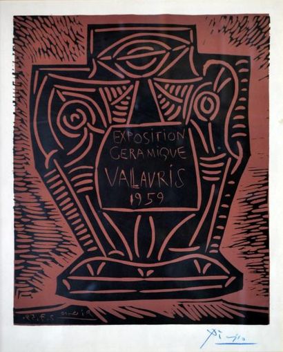 null Pablo PICASSO (1881-1973) (d'après) Exposition céramique Vallauris, 1959. Linogravure...