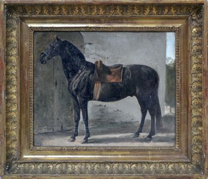 null Ecole française, XIXe. Portrait de cheval sellé. Huile sur toile. 26,5 x 32,5...