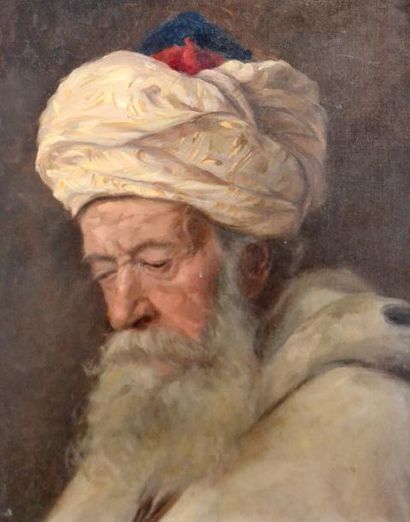 null Ecole orientaliste XIXe. Homme au turban. Huile sur toile marouflée sur panneau....