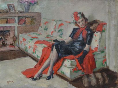 null Etienne Adrien DRIAN (1885-1961) Elégante au sofa à fleurs. Huile sur toile...