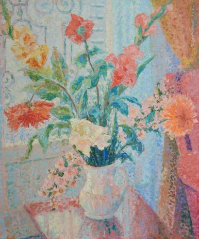 null Serge MENDJISKY (1929) (Attribué à). Vase de fleurs. Huile sur toile. 55 x 46...