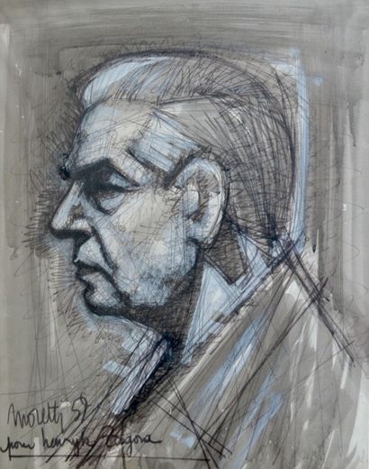 null Raymond MORETTI (1931-2005) Portrait d'homme de profil. Technique mixte sur...