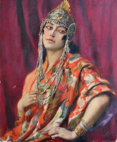 null Georges Antoine ROCHEGROSSE (1859-1938) Portrait de femme arabe sur fond rouge....