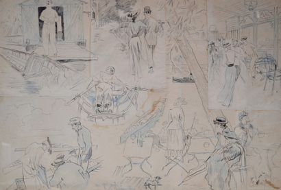 null Ferdinand LUNEL (1857-1933) Un après-midi à la grenouillère. Grand dessin à...