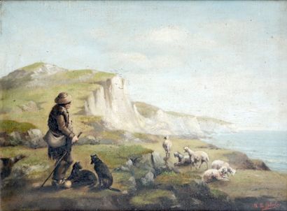 null Joseph LE GULUCHE (1849-1915) Berger devant les falaises. Huile sur toile signée...