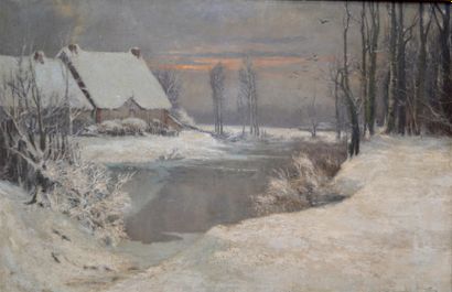 null Léon BROQUET (1869-1936) Rivière enneigée. Huile sur toile signée en bas à droite....