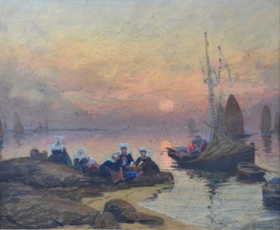 null Mathurin JANSSAUD (1857-1940) Soleil couchant à Concarneau. Pastel signé en...