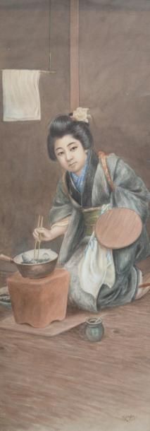 null RYOKO, XXe. Femme japonaise cuisinant un poisson. Aquarelle signée en bas à...