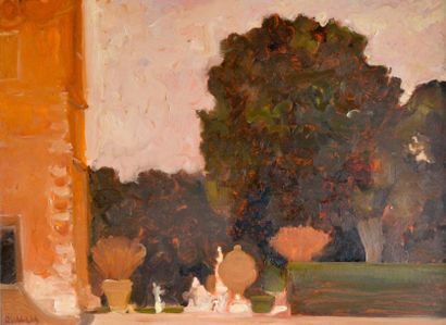 null Carlo QUAGLIA (1903-1970) Jardin de la villa Borghese, 1964. Huile sur isorel...