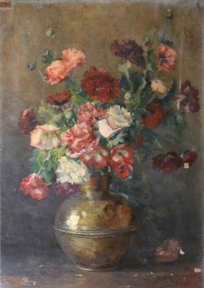 null G. ROZIER fin XIXe. Bouquet de fleurs dans une cane de cuivre. Huile sur toile...